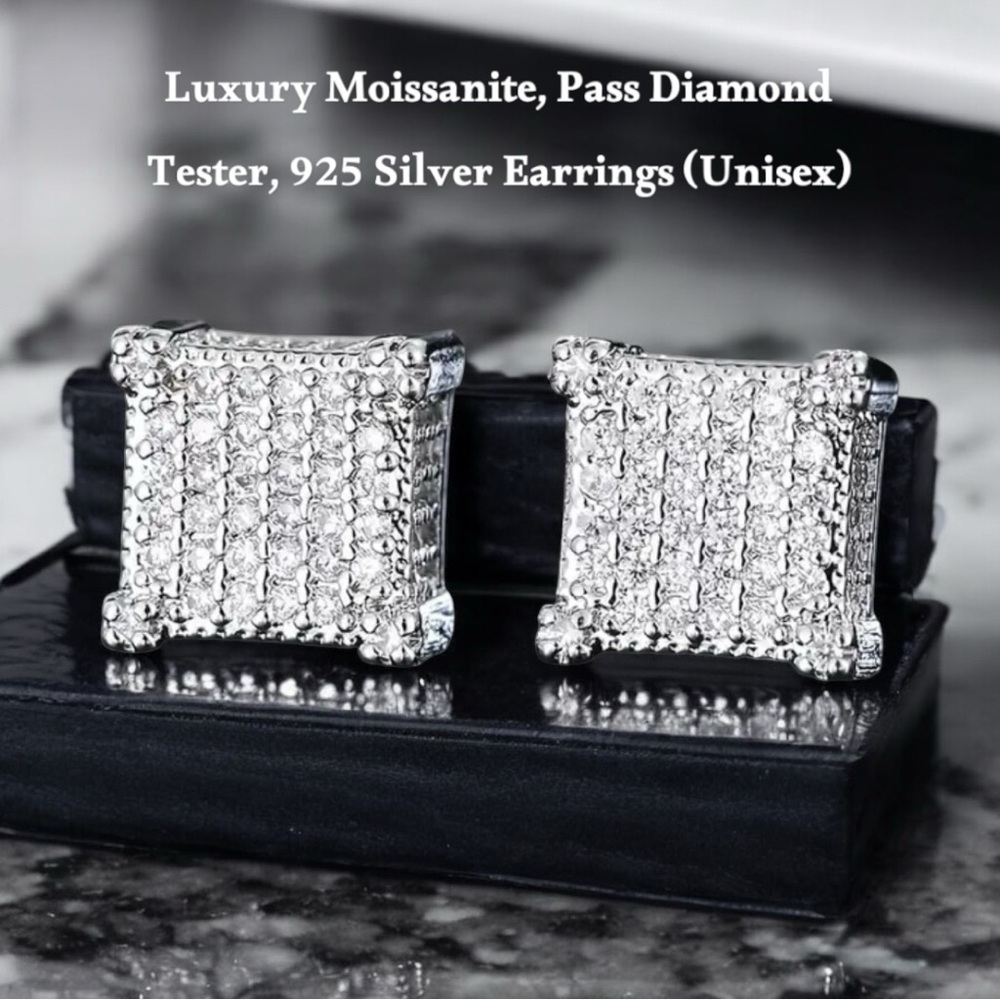 Moissanite Sterling Silver Square Earrings (Unisex)
